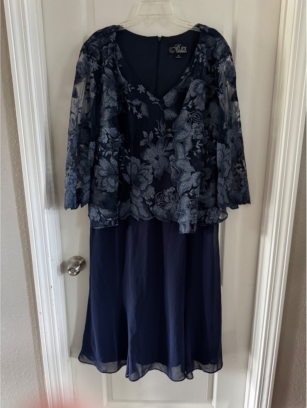 Alex Evenings Navy Blue Evening Dress with Floral Embroidery
